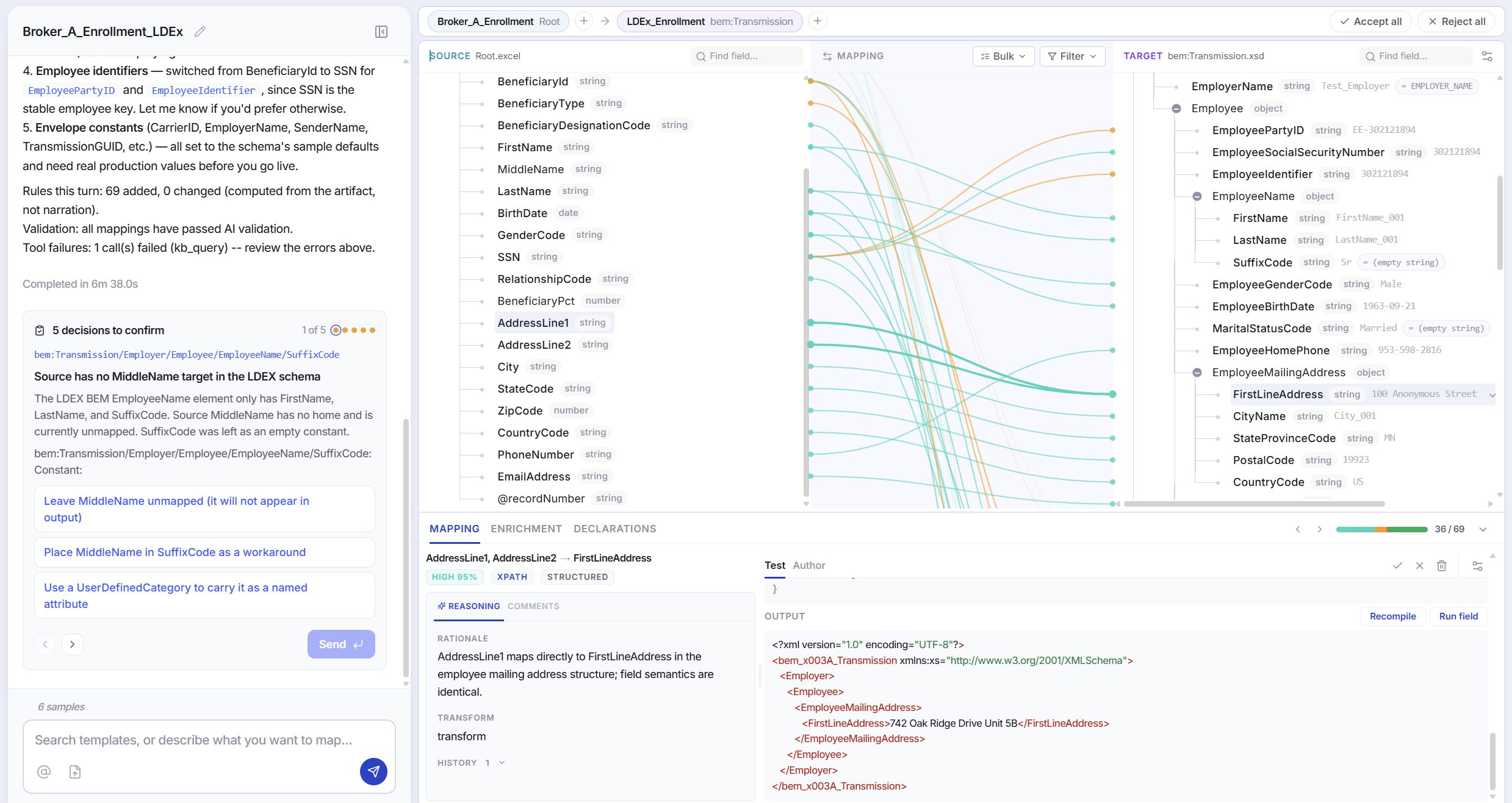 Adeptia AI data mapping workspace: source-to-target canvas with review decisions